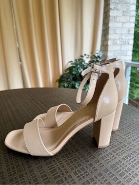 Block Heel Ankle-Strap Sandals in Beige